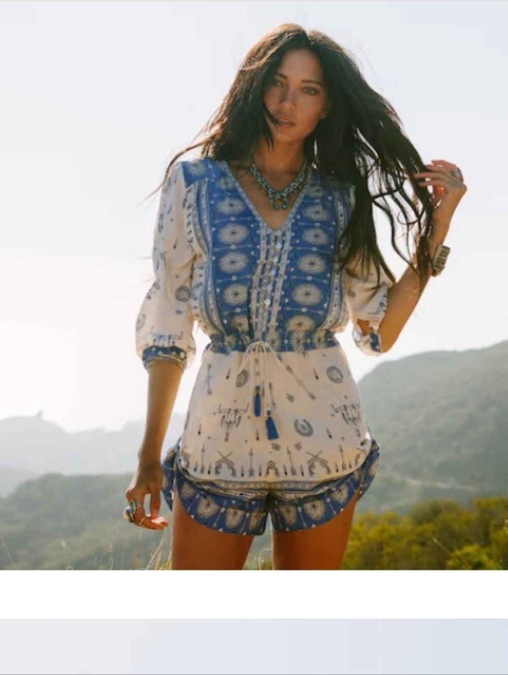 Spell Blue and Cream Printed Boho Romper